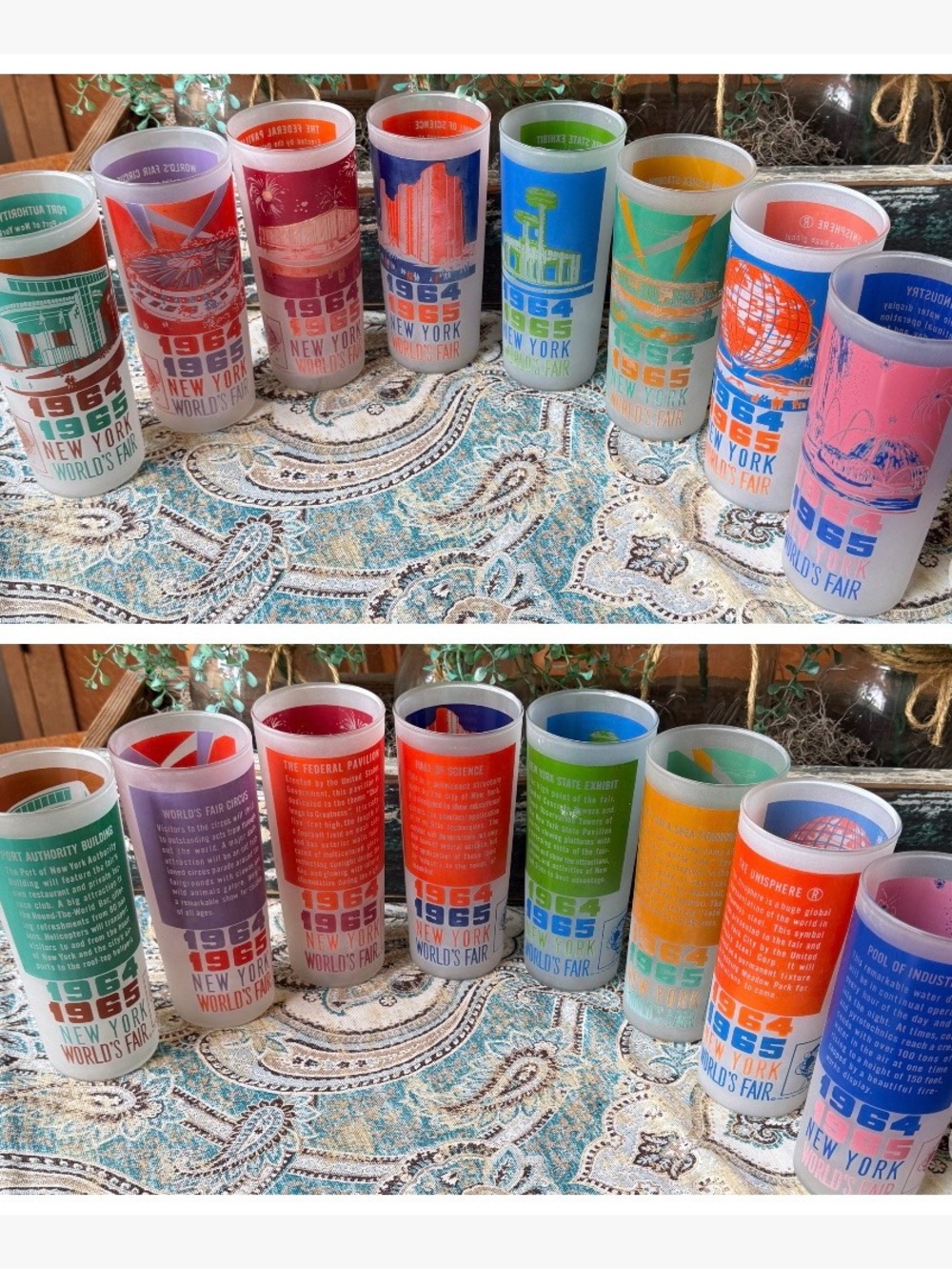 1964-65 New York World’s Fair Complete Set 8 Frosted Souvenir Glasses